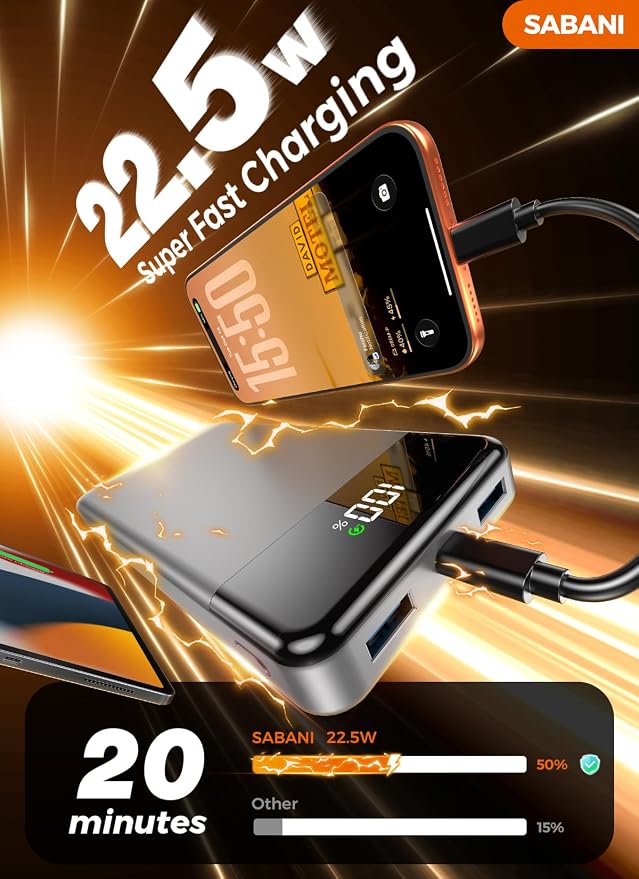 SABANI Portable Charger 35000mAh Power Bank, 4 Built in Cable Big Capacity | Ultra Slim, 22.5W Fast Charge, Travel Camping Essential, USB C External Battery Pack for iPhone Samsung Android, Silver - Image 3