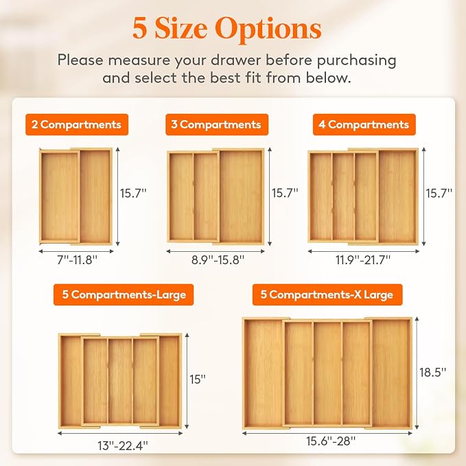 Lifewit Bamboo Utensil Organizer for Kitchen Drawer, Cooking Utensil Tray | Expandable Cutlery Silverware Flatware Holder, Wood Adjustable Spatula Tools Storage Divider, 12.6-22.4x 15", Natural Black - Image 2