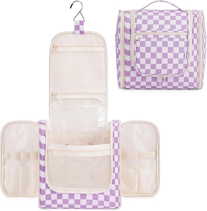 Narwey Checkered Hanging Travel Toiletry Bag for Women, Travel Bag for Toiletries, Makeup Bag Organizer Cosmetic Bags Make Up Bags for Women (Purple Checkerboard) by Narwey