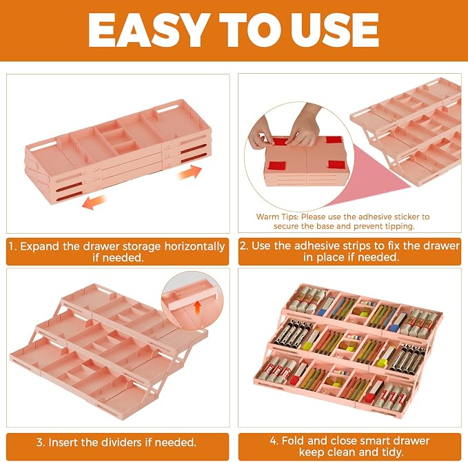 3 Tier Drawer Organizer Versatile Expandable Junk Drawer Organizer Pink | Multi-level Desk Organizer for Makeup, Jewelry, Cosmetics, Kitchen Storage, Smart Office Supply Drawer Storage for Gifts - Image 4