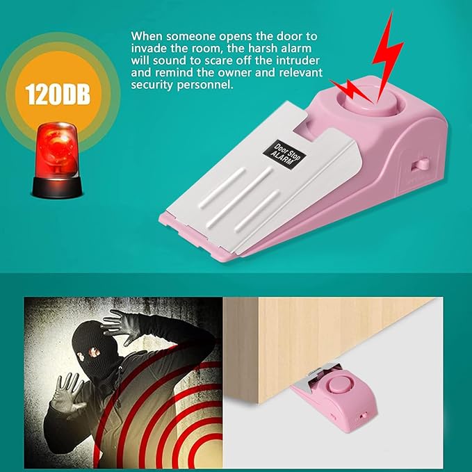 HNHMT 2 Pack Portable Door Stop Alarm, Door Stopper with 120db Loud Security Alarm, Travel Door, Doorstops Wedge Sensors Security Devices for Traveling Apartment Hotel and Home (Pink) - Image 7