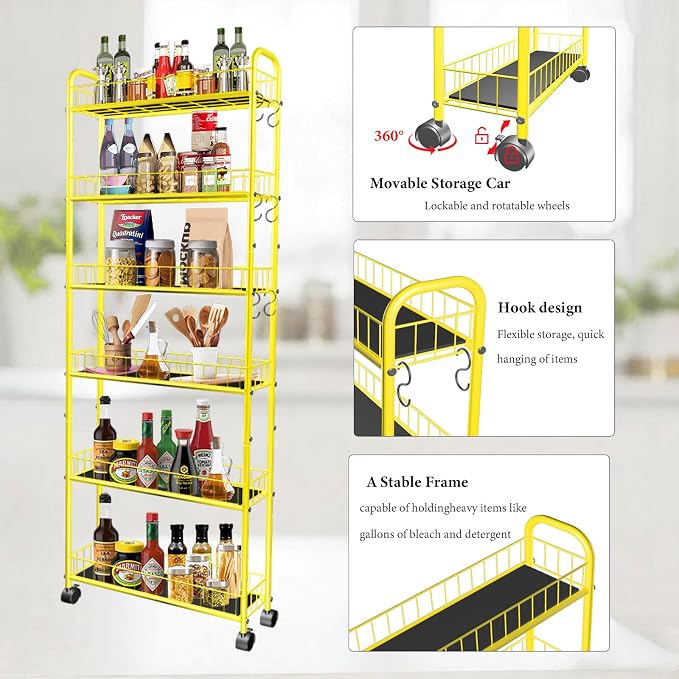 6-Tier Slim Storage Cart with Wheels, Metal 6in Narrow Rolling Shelf, Sturdy Slim Storage with Hooks Ideal for Kitchen, Bathroom, and Laundry Room, Yellow - Image 7