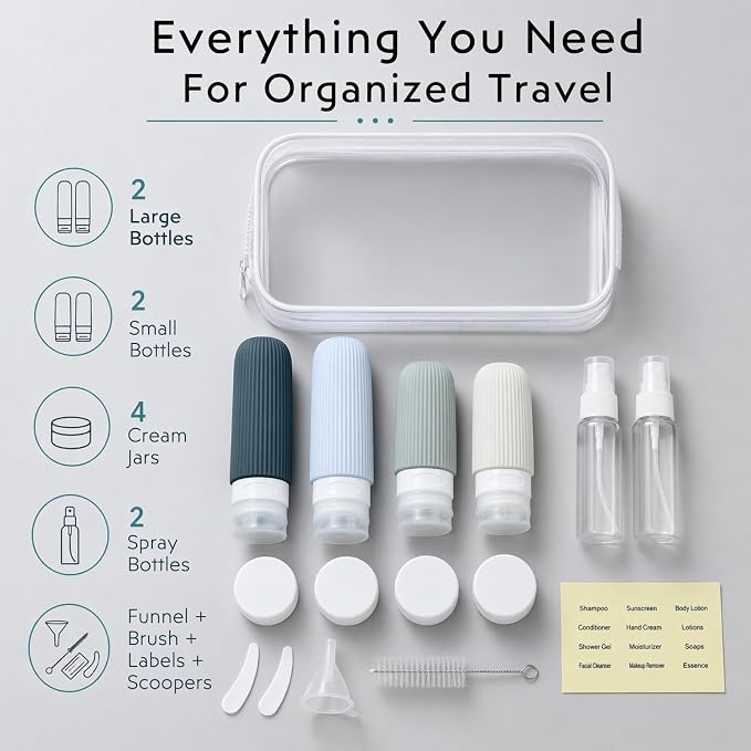 16 Pack Travel Bottles Set - TSA Approved Toiletry Bottles, Leak Proof Refillable Silicone Travel Size Containers with Jars, Spray Bottles, Funnel, Brush & Clear Bag for Carry-On, Camping & Vacation - Image 2