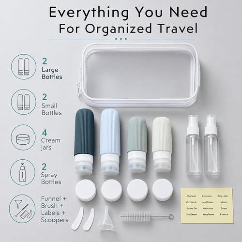 16 Pack Travel Bottles Set - TSA Approved Toiletry Bottles, Leak Proof Refillable Silicone Travel Size Containers with Jars, Spray Bottles, Funnel, Brush & Clear Bag for Carry-On, Camping & Vacation - Image 2