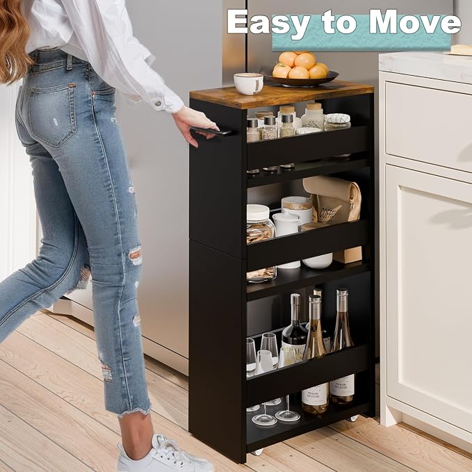 MARTY Slim Rolling Storage Cart 7.9" W Laundry Cart with Wheels,Brown+Black | Narrow Utility Cart Between Washer and Dryer, 3 Tier Mobile Shelving Unit for Kitchen, Laundry, Bathroom, Office, Living Room - Image 2