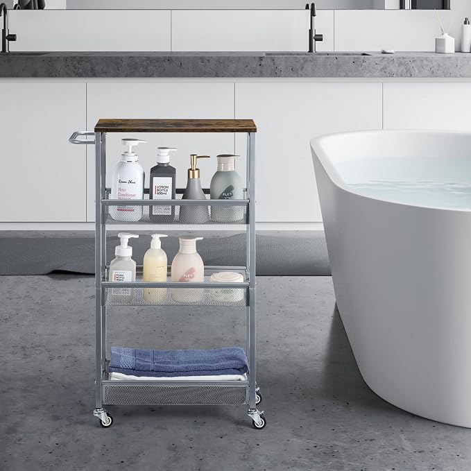 Slim Storage Cart, Metal Narrow Rolling Storage Cart for Kitchen, Silver | Wooden Top, Metal Handle, on Wheels, Shelving Unit for Small Space, Easy to Install. - Image 6