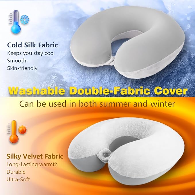 Travel Pillow, Memory Foam Neck Pillow for Traveling Winter Summer, U Shape Neck Pillow Airplane Portable Flight Pillow Adult Travel Neck Pillow for Plane Train Car Home Office - Grey - Image 2