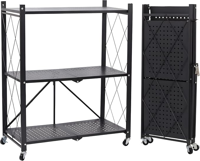COKIHOM 3-Tier Folding Shelf, No Assembly Metal Shelving Unit with Wheels, Heavy Duty Folding Bookshelf, Space Saving Foldable Storage Shelf for Kitchen, Books, Pantry, Bathroom Organization by Unknown