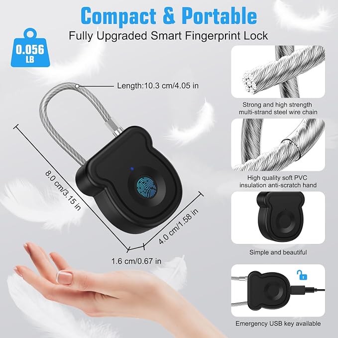 Smart Fingerprint Padlock for Luggage - 20 User Capacity, USB Key & Emergency Code, Keyless Biometric Lock for Gym Locker, Suitcase, Backpack, Toolbox & Handbag (Black) - Image 5