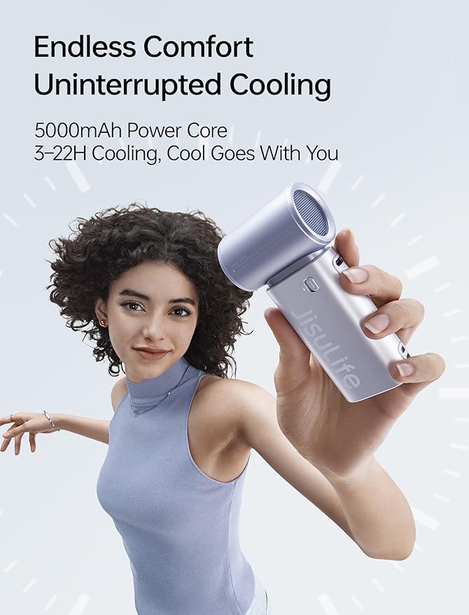 JISULIFE Handheld Fan Life9S - Sleek Chrome: Turbo Power, 22 Hours Cooling | LED Display, 5000mAh, 5-Speeds, Mini Portable Fan for Travel, Cruise, Concerts, Trendy Gifts for Women Men -Blue - Image 3