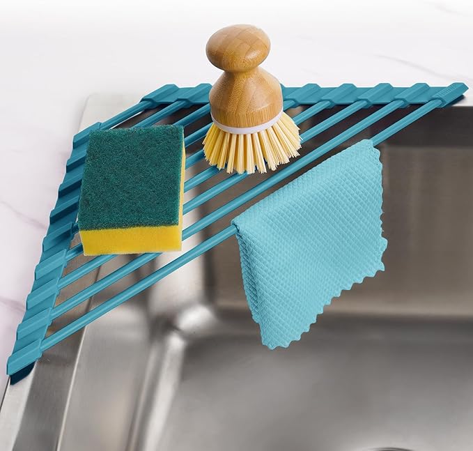 Tomorotec Roll Up Dish Drying Rack with Silicone Coating, Dark Green | 304 Stainless Steel with BPA-Free Silicone, Triangle Design Maximizes Sink Corner Space, Fits Compact Kitchens And RVs by Tomorotec