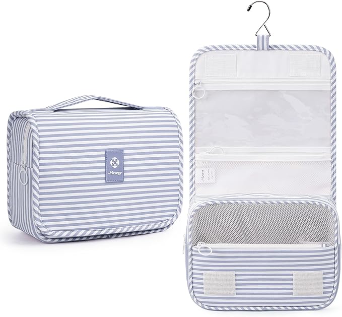 Narwey Small Hanging Toiletry Bag for Travel Women Girl, Striped Toiletries Travel Bag with Hook, Hanging Makeup Bag Organizer Make Up Cosmetic Bags, Gifts for Kids Teen (Greyish Blue Stripe) by Narwey