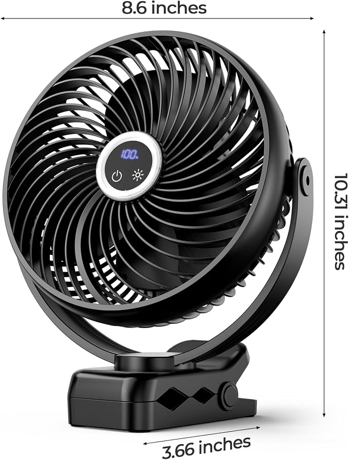 Koonie 8'' 10000mAh Portable Clip on Fan with LED Lantern and Hook | Battery Operated Desk Fan, Quiet Camping Fan with LED Digital Display, 360° Rotation & 3 Speeds for Travel Tent Gym Treadmill - Image 7