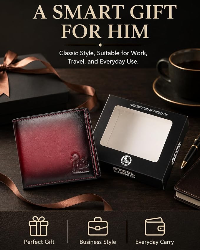 Men's Cowhide Leather RFID Wallet, Slim Bifold (Red) | 2 Clear ID Windows, 10 Card Slots, Zipper Coin Pocket, Gradient Finish for Business, Travel, Daily Carry and Gifts - Image 7
