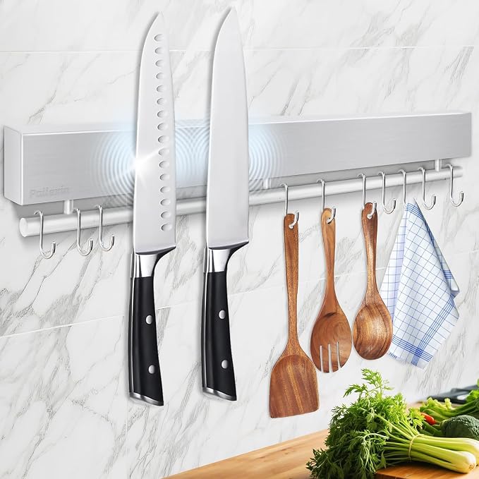 17 Inch Magnetic Knife Holder for Wall - Stainless Steel Knife Magnetic Strip No Drill with 10 Hooks/Adhesive Tape/Screws, Kitchen Utensil Holder, Magnetic Knife Organizer, Wall Mounted Knife Storage by Unknown