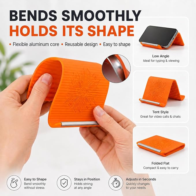 2PCS Portable Foldable Silicone Aluminum Phone Holder, Orange&Black | 2026 New Flexible Silicone Phone Stand, Adjustable Non-Slip Airplane Phone Holder for Tablet, Travel, Office Desk, Treadmill - Image 2
