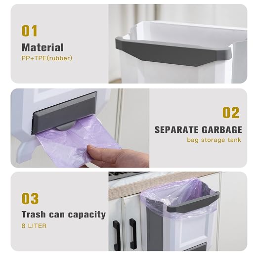 Hanging Kitchen Trash Can, Foldable Waste Bin for Kitchen, Collapsible Hang Small Plastic Garbage Can 2.4 Gallon for Cabinet/Car/Bedroom/Bathroom (White) - Image 6