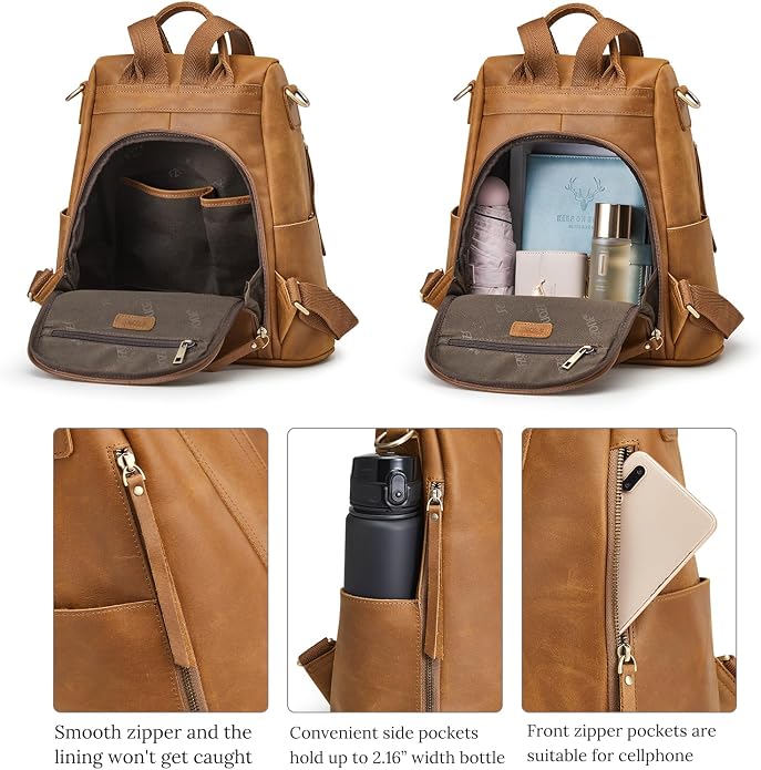 S-ZONE Leather Backpack Purses for Women Antitheft Rucksack Shoulder Bag Medium | Genuine Leather, Medium Fits 9.7-inch Tablet, for Work Travel Daily Commute, Multi Pockets, Adjustable Dual Straps - Image 4