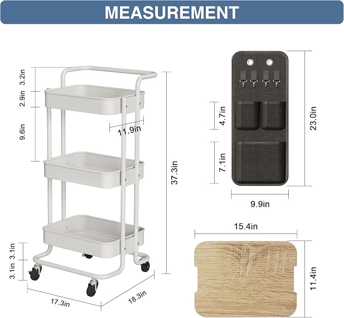 DTK 3-Tier Rolling Cart with Table Top, Metal Utility Cart with Side Bags | Tray Storage Organizer, Lockable Wheels, 4 Hooks, Art Cart for Kitchen, Bathroom, Office, Craft room, Living room, White - Image 6