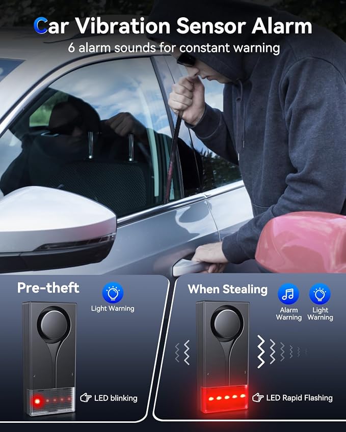 108dB Car Alarm System, Car Anti-Theft Vibration Sensor Alarm & Red Light, Wireless Remote Anti Theft Vehicle Device with Magnetic Install Design for RV, SUV, Truck - Image 4