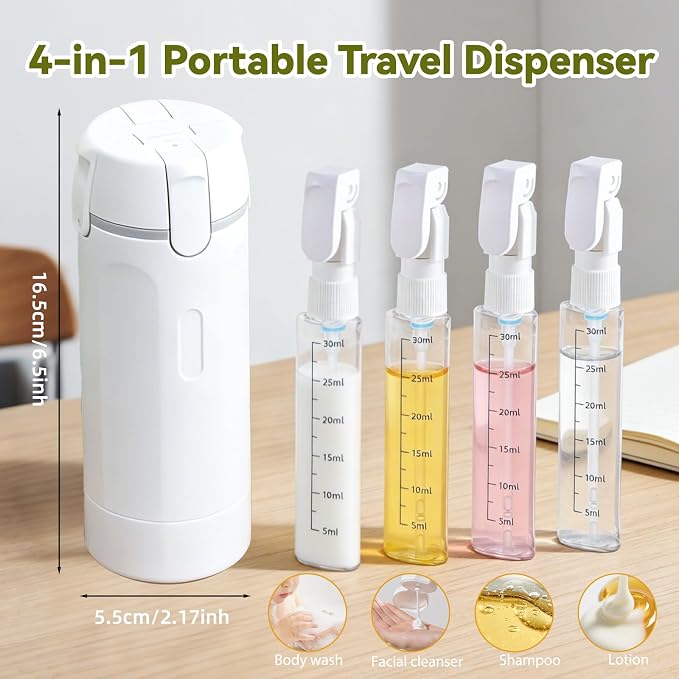4 in 1 Travel Dispenser Bottle with Cleaning Brush,4 Pack 30ml Leak Proof Refillable Travel Size Toiletries Containers for Shampoo Conditioner,Portable Travel Bottles Set for Vacation Camping & Gym - Image 2