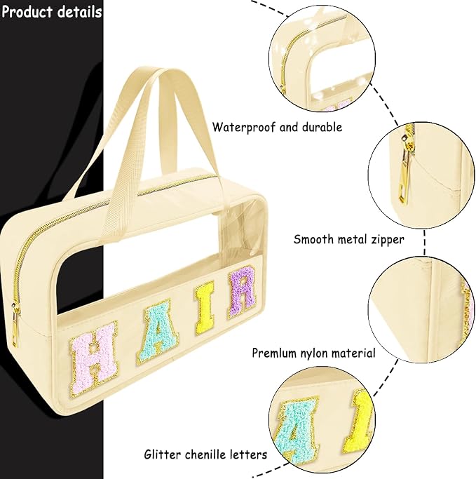 Bunliuys Chenille Letter Clear Makeup Bag Hair Patch, Travel Toiletry Makeup Bag with Handle, Nylon Waterproof Makeup Bags clear cosmetic bag, preppy patch makeup bag for Women (HAIR-Beige) - Image 3