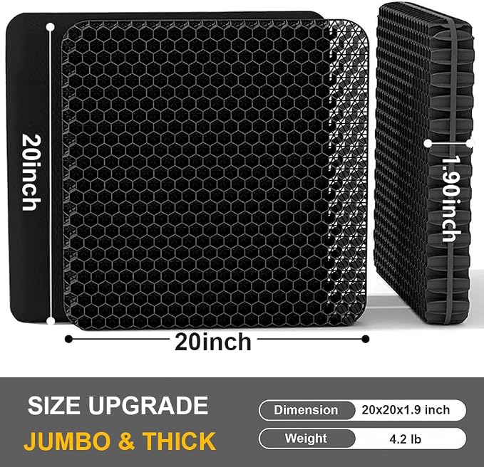 Gel Seat Cushion, Jumbo&Thick Gel Cushion with Non-Slip Cover for Home Office Car Seat Wheelchair, Soft Breathable Honeycomb Chair Pads for Relieve Hip Pain, Black 20x20x1.9inch - Image 2