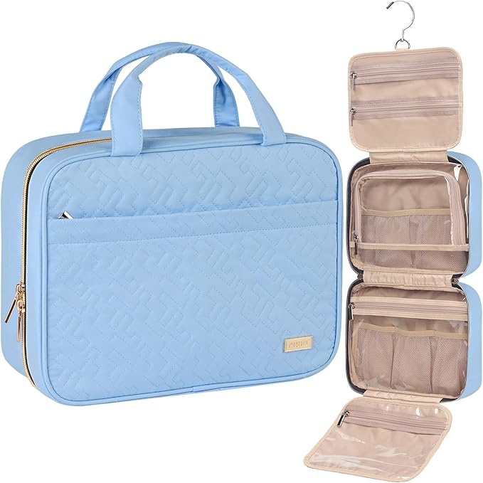 NISHEL Travel Toiletry Bag for women, Portable Hanging makeup Organizer | for Travel-Sized Shampoo, Conditioner, Brushes Set, makeup Accessories, Large Size, Placid-Blue by NISHEL