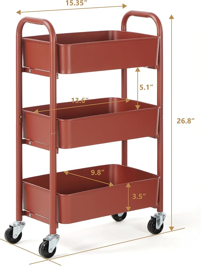 SunnyPoint 3-Tier Delicate Compact Rolling Metal Storage Organizer - Mobile Utility Cart Kitchen/Under Desk Cart with Caster Wheels (RED, 15.35" X 10.24" X 26.8"H) - Image 3