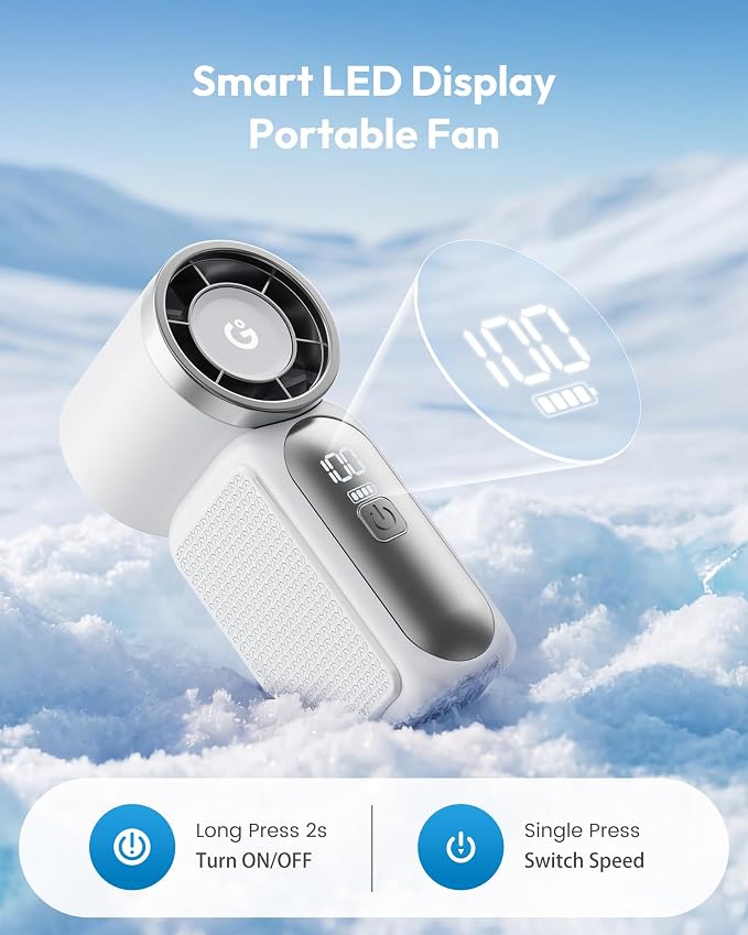 Gaiatop Portable Handheld Mini Fan, 6 Speeds 16900 RPM High Velocity Personal Fan with LED Display, USB Rechargeable, Mini Fan with Lanyard for Makeup, Travel, Outdoor Fan for Women Girl Gift, White - Image 5