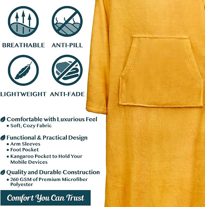 PAVILIA Fleece Blanket with Sleeves, Foot Pockets for Women Men Adults, Plush Wearable Blanket Throw Wrap, Warm Snuggle Blanket Robe, Cozy Gift Ideas Wife Mom, Mustard Yellow - Image 4