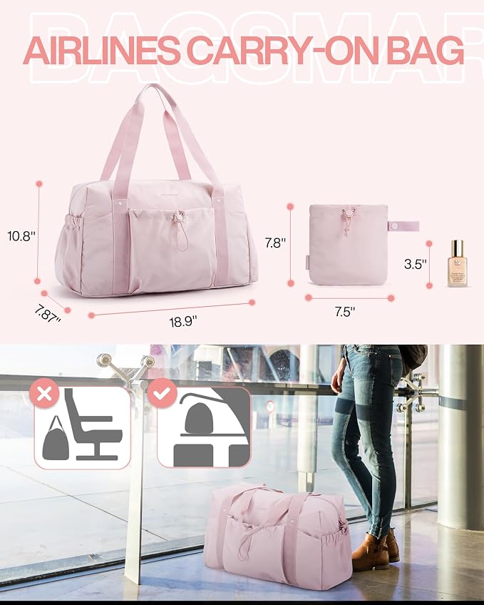 BAGSMART Foldable Travel Duffle Bag for Women, Gym Tote for Sports, Pink | 26L Airport Carry On Weekender Overnight Bag for Travel, Travel Accessories - Image 5