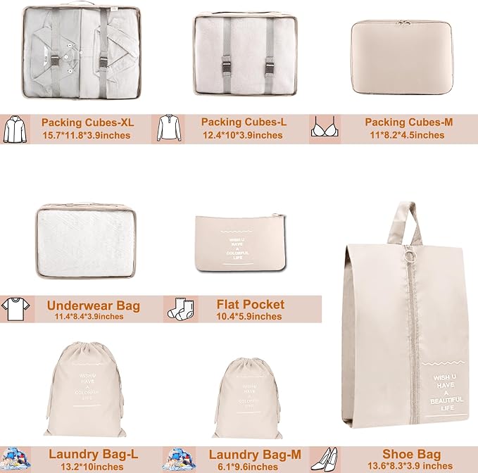Packing Cubes for Travel- 8 Set Luggage Organizer Bags for Family, Mesh Breathable Travel Packing Cubes for Suitcases Durable Travel Essentials Bags Set (Beige, 8 Set) - Image 3