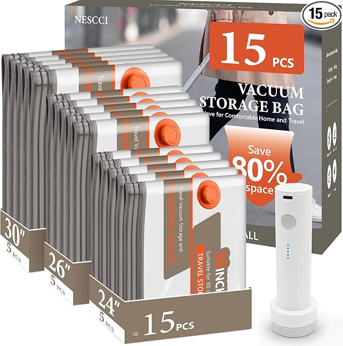 15 Pcs Vacuum Bags for Travel with Rechargeable Air Pump,Space Saver Bags | Carry-on Compression Packing Bags for Luggage and Suitcase,Space Saver for Clothes Combo Travel Size by NESCCI