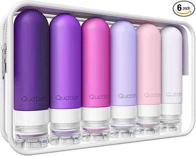 Quatish Travel Bottles for Toiletries 6 Pack, Original Patented Leakproof 3 oz Tsa Approved Travel Size Containers, BPA Free Silicone Shampoo and Conditioner Bottles, Cruise Camping Essentials, Purple by Quatish
