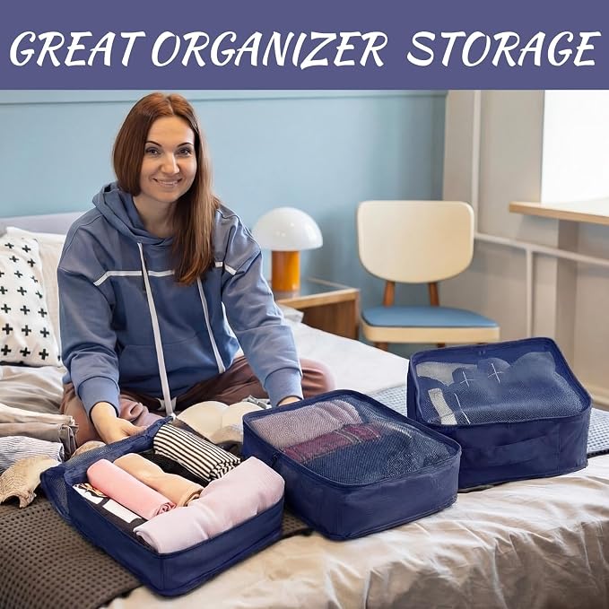 Silkfly 8 Pcs XL Packing Cube for Travel Luggage,Simple,Navy Blue | 17.7 x 13 x 4.7, Same Size, Navy Blue Suitcase Storage Organizer Set, Reusable Mesh Clothes Cube for Hiking Camp Family - Image 6
