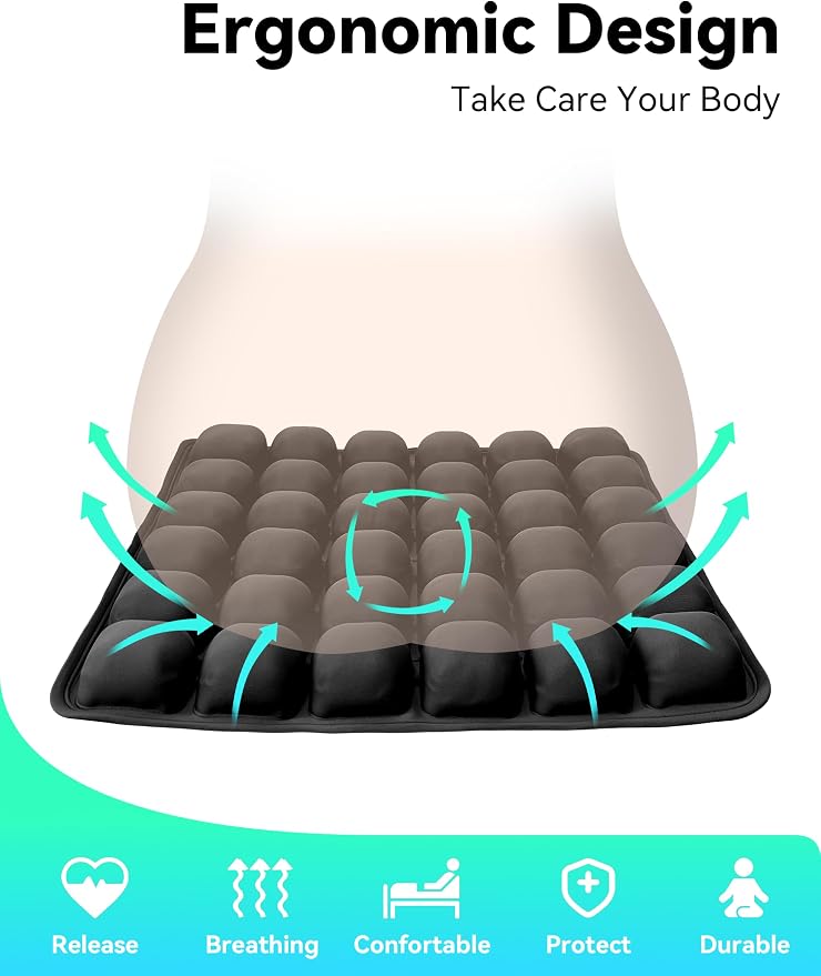 Inflatable 3D Travel Cushion for Airplane, Tailbone Pain Relief Seat Pad with Ergonomic Support, Anti-Slip Bottom, Built-in Pump & Carry Bag for Travel/Office/Car – 36 Air Cells, Purple - Image 5