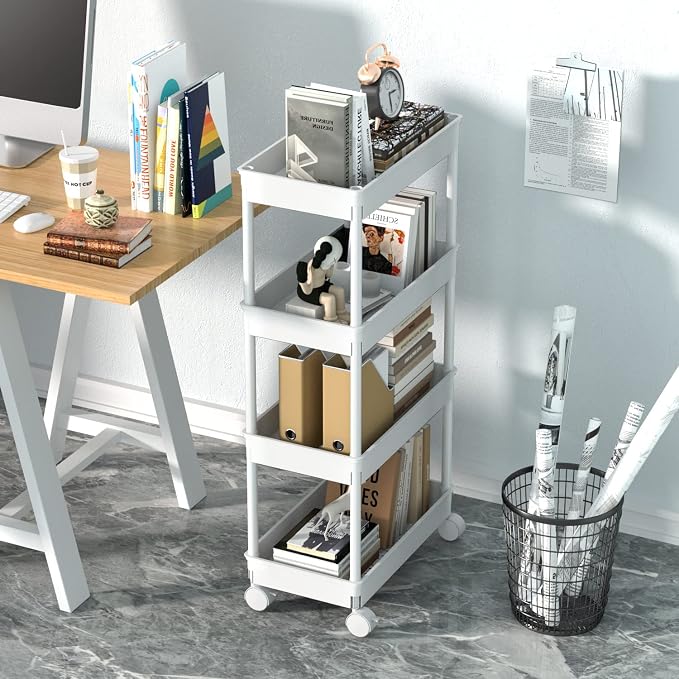 Sooyee 4 Tier Wide Storage Cart Mobile Shelving Unit Organizer Slide Out Storage Rolling Utility Cart Tower Rack for Kitchen Bathroom Laundry, Plastic & Stainless Steel,White - Image 3