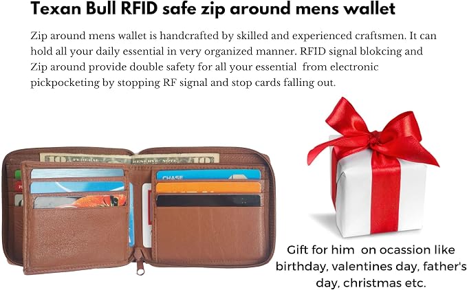 RFID Blocking Bifold Cowhide Leather Wallets For Men With Zipper Security | Safe Metal Zip Chain 9 Card-ID Slim Minimalist Mens Wallet (Tan) - Image 5