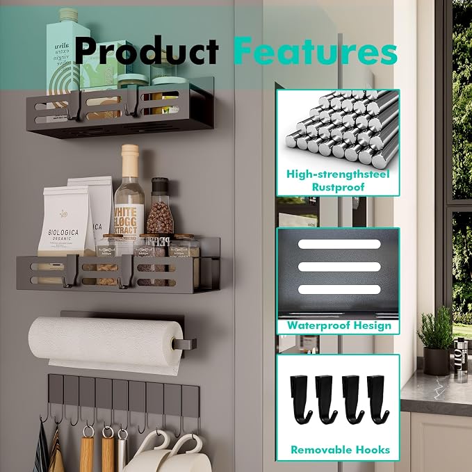 SETBAOO 4 Pack Magnetic Spice Rack for Refrigerator with 4-Hook Rack and Paper Towel Holder, Black Magnetic Shelf and Fridge Kitchen Cabinet Organizers Storage Seasoning Organization Mini Shelves. - Image 4