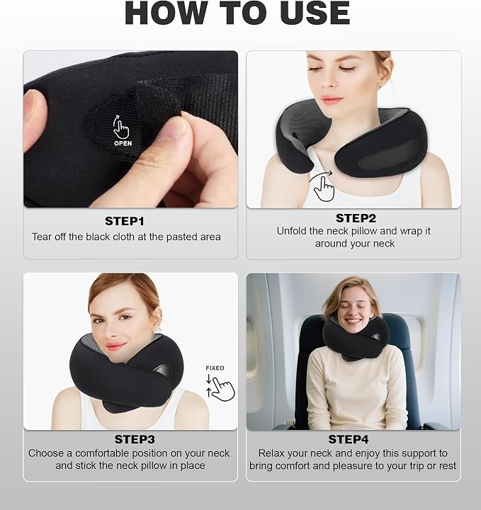 Neck Pillow for Traveling, New Upgraded Travel Neck Pillow, 100% Pure Memory Foam Travel Pillow for Flight Headrest Sleep,Portable Aircraft Accessory,Suitable for use on Plane/Car/Office(Black) - Image 4