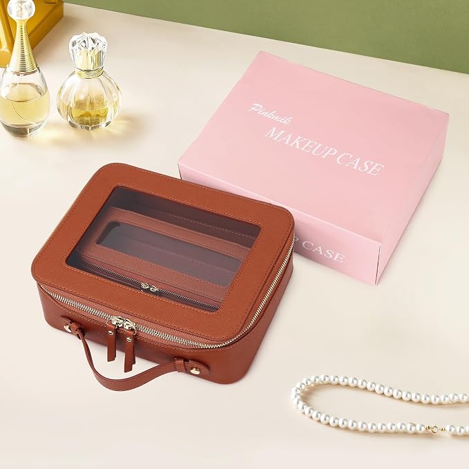 Pinkmik Clear Makeup Bag with Brush Bag, (Brown, L+SLIM) | 2pcs, Waterproof, Travel Case for Cosmetics and Toiletries, Women's Cosmetic Organizer, with Zipper - Image 7