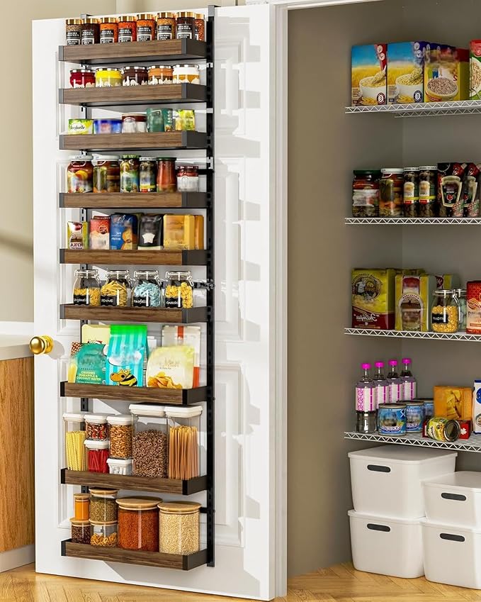 Moforoco Wood 9-Tier Over The Door Pantry Organizer, Wooden Pantry Organization and Storage, Black Hanging Basket Wall Spice Rack Seasoning Shelves, Home & Kitchen by MOFOROCO