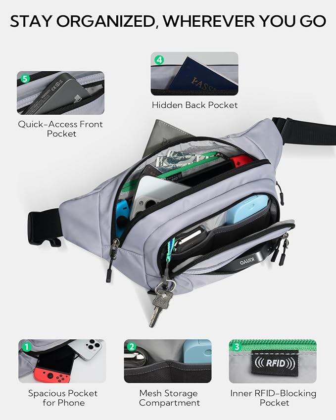 WATERFLY 3.5L RFID Fanny Pack: Anti-Theft 12" Extender Belt for Travel | Large Capacity Multi-Pocket, Water-Resistant Nylon, Reflective Strips, Breathable Padding, Hiking Walking Daily, Women Men - Image 5
