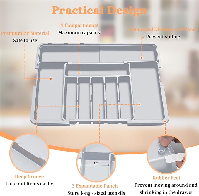Silverware Organizer Expandable Kitchen Drawer Organizer Adjustable 22"x 19" Utensil Organizer with Rubber Feets Cutlery Drawer Organizer for Spoons Forks Knives Kitchen Organizers and Storage Grey - Image 8