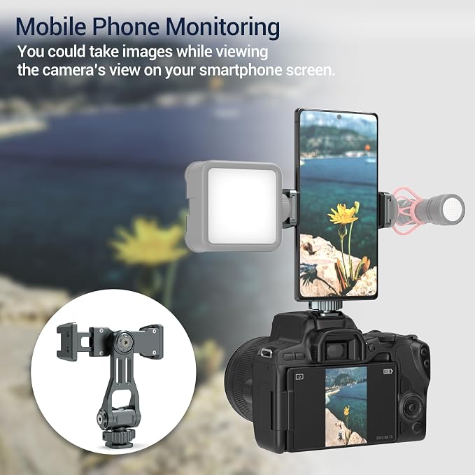 Aluminum Phone Mount for Camera Hot Shoe | 360° Adjustable Smartphone Holder with 2 Cold Shoe Mounts | Universal Compatible with iPhone 15/Sony/Canon/DJI Ronin Gimbals- Vlogging Accessories - Image 2