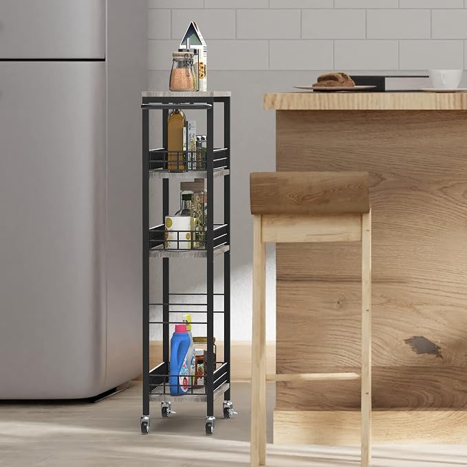 NOVIMANGO Slim Storage Cart Narrow Kitchen Cart 4 Tier, Grey | Slim Rolling Cart for Kitchen, Slim Bathroom Storage Cart with Wheels, with Wood Tabletop, for Narrow Spaces - Image 5