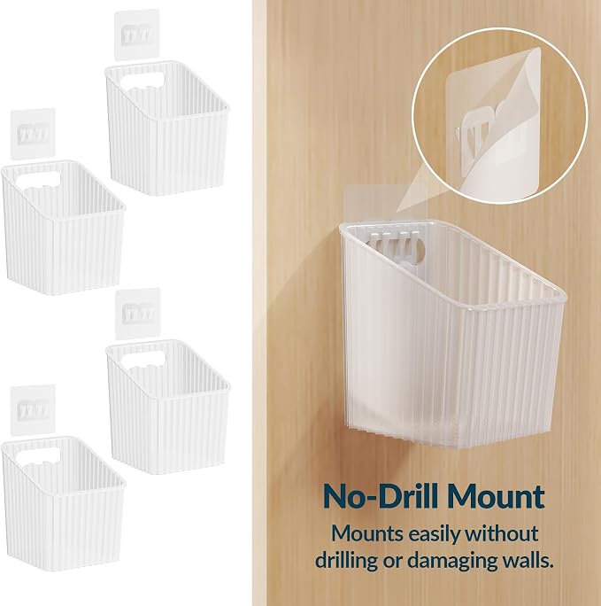 NiHome 4-Pack Cabinet Door Organizer, Adhesive RV Camper Wall Storage Caddy | No-Drill Plastic Bin With Drain Holes For Kitchen Bathroom Pantry Organization, Space Saving Small Item Holder, White - Image 4