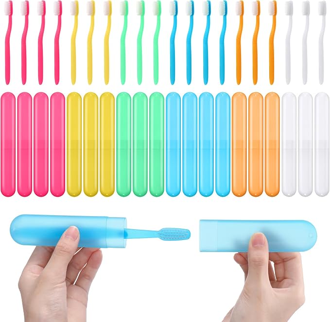 LemonRoad 40 Pcs Travel Toothbrush Holder Sets 20 Disposable Toothbrush Individually Wrapped 20 Portable Tooth Brush Case Covers with Ventilation Holes for Travel, Home, Camping, Hotel(Candy) - Image 8
