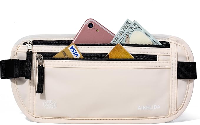 Money Belt - Slim Passport Holder RFID Blocking Travel Wallet Undercover Fanny Packs for Men Women - Beige by AIKELIDA